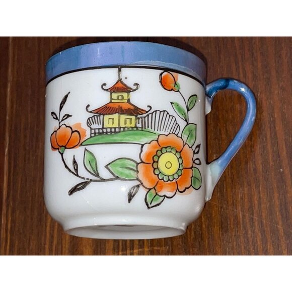 Vintage TT Takito Japan Hand Painted Lusterware Demitasse Cup Saucers Pagoda - Picture 7 of 10